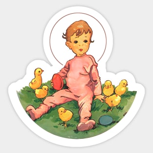 Little child with  yellow chicks Sticker